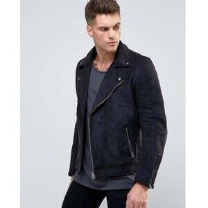 ASOS Mens Faux Suede Biker Jacket Black‎ Full Zip Lined Pockets Size Large